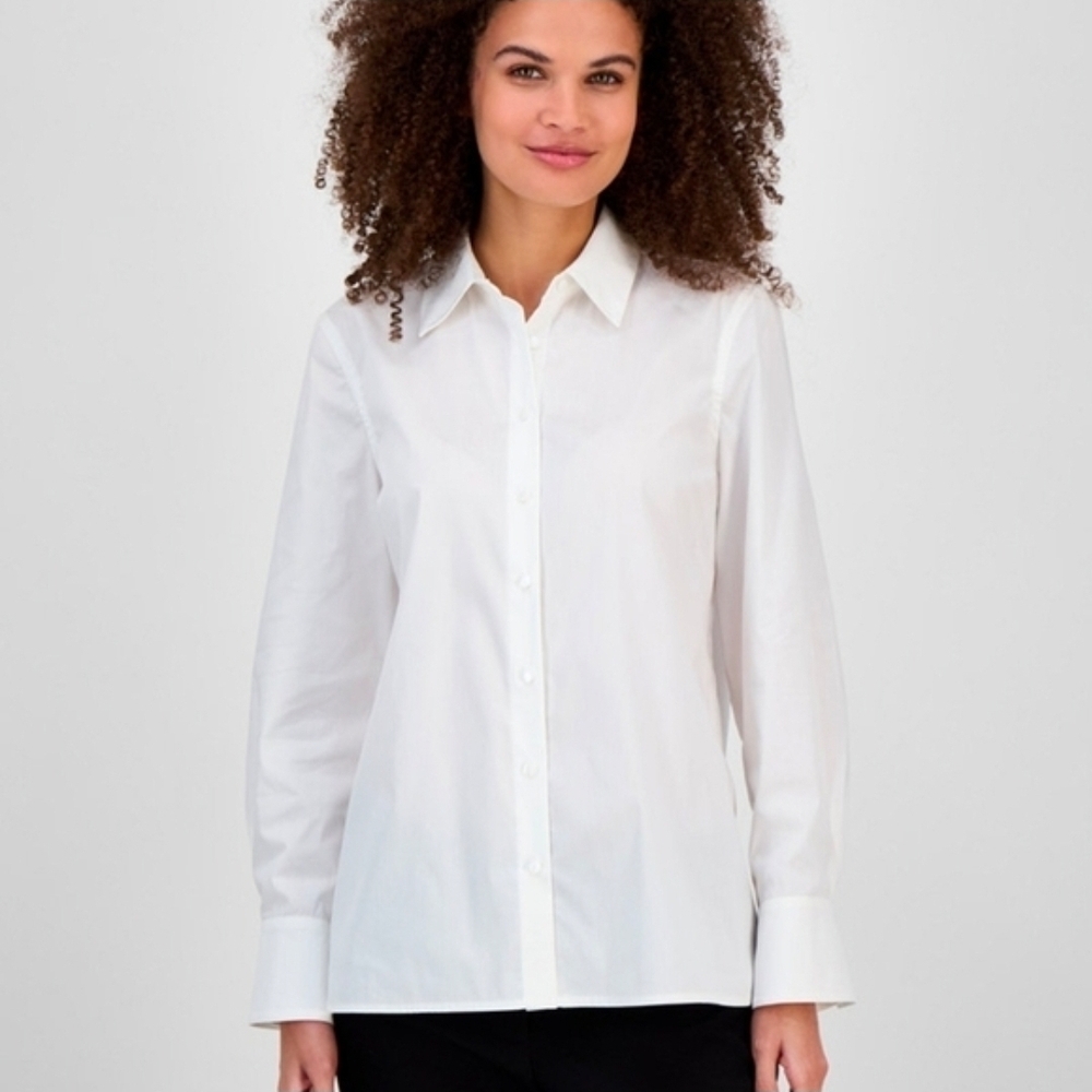 Kasper Button-Front Long-Sleeve Shirt, Regular & Petite White